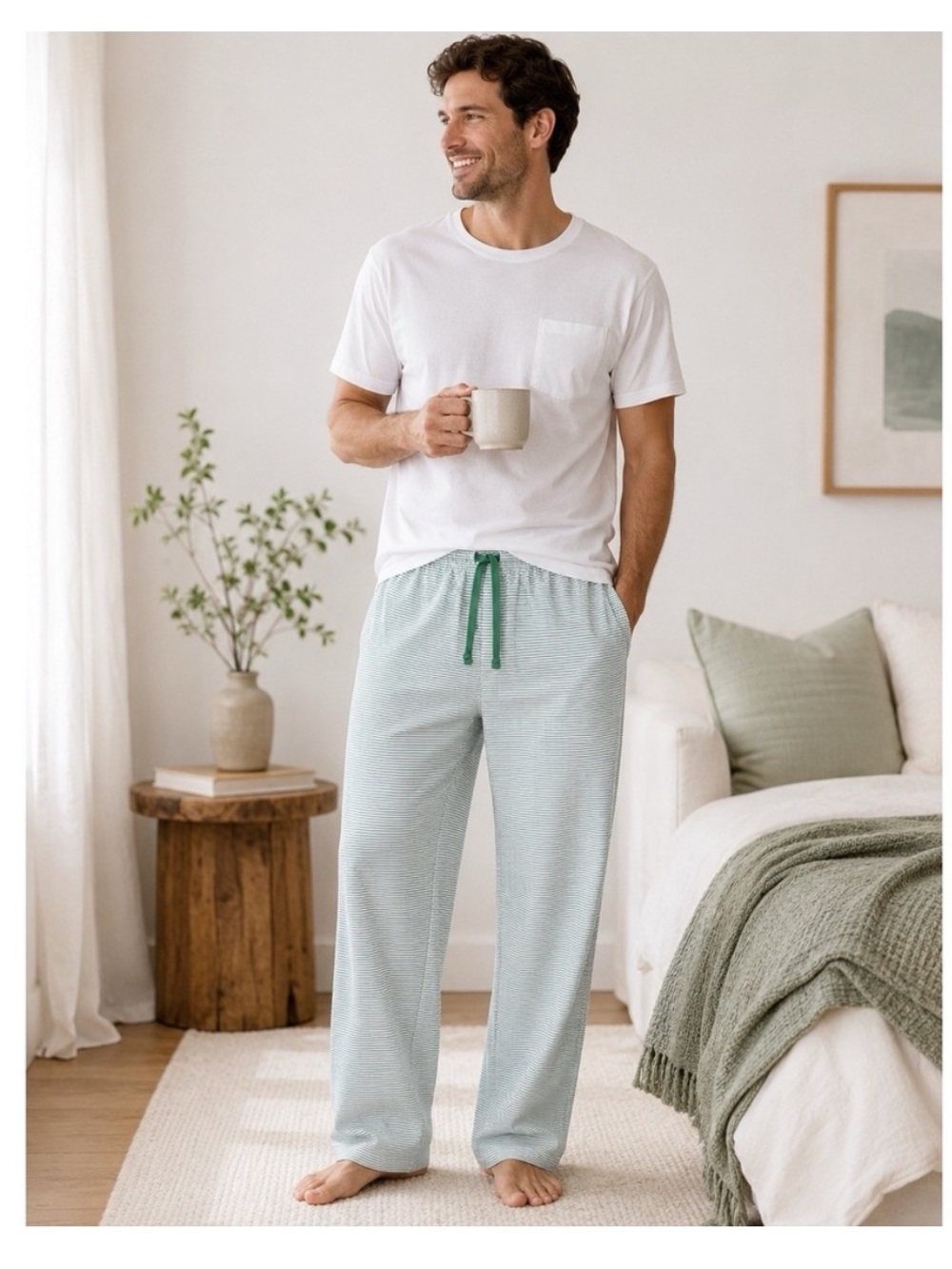 LAKE Men's Sleep Pajama Pants Pima Cotton Green Stripe XL